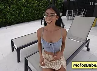 petite sona bella gulps jmac's monster cock poolside then swallows