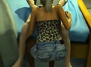 Clothed college babe rides cock cowgirl then doggy in GTA dorm game.