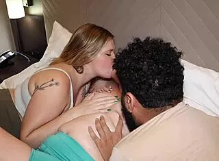 housewife milks tits into wild creampie threesome fuck