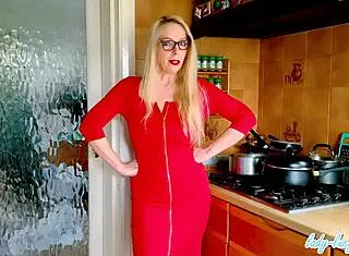 LADY LUCY'S BIG TITS SPILL OUT Teasing in Red Dress and Heels for Rough Spank