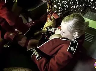 three busty blondes in retro uniforms ride stud's cock cowgirl fingering each other wildly