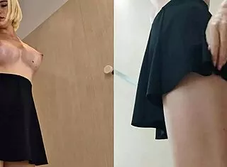 HIDDEN CAM CATCHES BLONDE'S BIG ASS UPSKIRT IN FITTING ROOM CLOSE-UP.