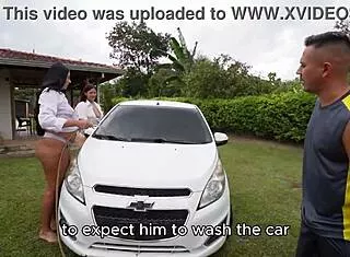 Colombian sluts ride monster cocks after washing cars in bisexual orgy