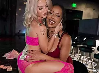 Stripper babes get clothes ripped in athletic FFM cumshot threesome