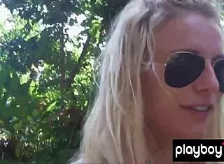 This bombastic blondie Karina Marie strips outdoor showing her perfect natural big tits body