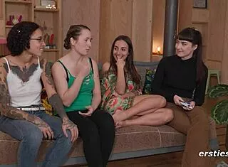 german brunette lesbians finger lick toys in closeup 4some play?