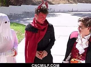 Spooky costumed guys freeuse the big tits milf next door neighbor in hardcore bdsm slave foursome riding bent over cowgirl doggystyle deepthroat