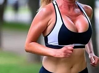 mature milf jogs park with huge tits bouncing nipple slips