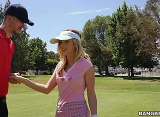 sexy blonde golfer teen drops to knees slurping big cock deepthroat blowjob style