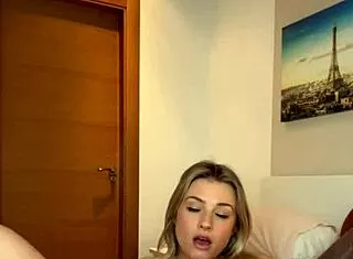Blonde bombshell fingers huge natural tits pussy to early morning squirt orgasm