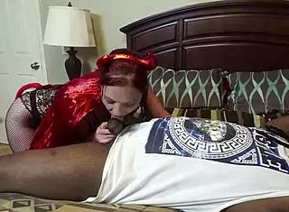 Naughty redhead devil roleplays swallowing big black cock cum interracial