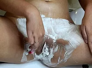 Guy Trims Her Super Hairy Pussy with Razor and Foam in Bathroom