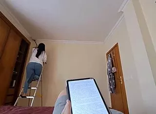 Latina maid's creamy pussy seduced by massage in jeans flip flops