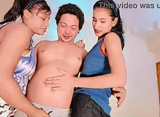 Ready for romantic threesome with petite sluts swallowing cum?