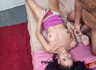 stepdad cums on skinny thai stepdaughter's tits