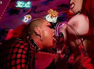 goth pierced nipple succubus feeds on sloppy lesbian dildo cum