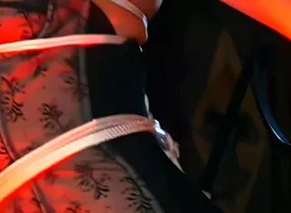 Tied wrists heighten brunette's rough threesome pussy pounding