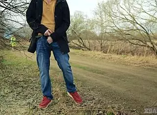 pantyhose exhibitionist flashes hard dick in forest risk