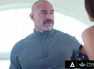 nuru masseuse oils up couple for deepthroat face sitting threesome milf pussy lick