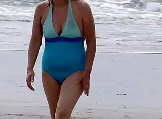 wife strips naked on beach flashing hairy pussy urinates hunting cock to fuck her 😈🏖️