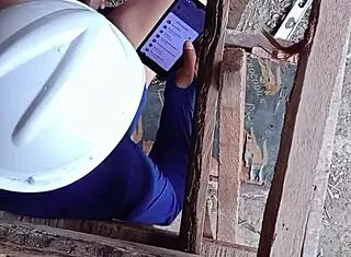 naughty company nurse tempts construction hunk for cock play on site.