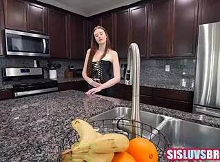 My hot petite step sis drops to knees for taboo cock sucking POV.