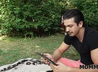 horny milf sneaks young cock fuck in forest while cuckold watches