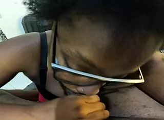 Ebony Nerd Kneels for Messy Facial on Cute Glasses