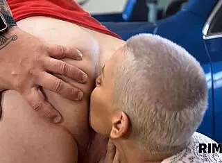 Chesty Stunner's Nice Anilingus Cheers Mechanic in Garage