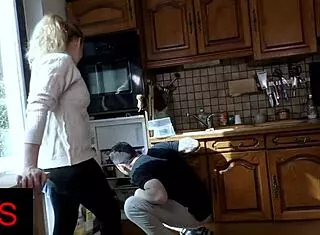sultry blonde milf gets pounded hard in kitchen with squirting pussy creampie finish