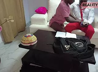 Skinny Ebony Schoolgirl Fucks Classmate Hard on Sofa Close-Up!