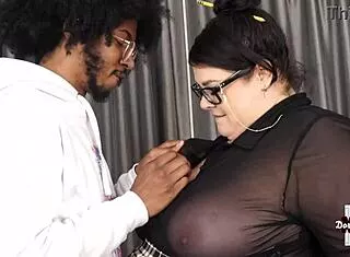Perverted Nerd Librarian Worships Monster BBC with Big Tits and Ass
