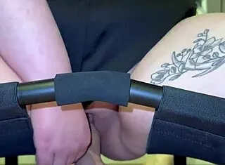 Riding Huge Cock on Sex Chair Close Up Wet Shaved Pussy Toys!