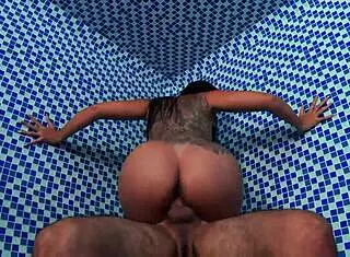 young colombian brunette fucks soldier hugecock in public sauna.