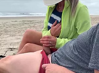 Public Beach Handjob Turns into Milf Anal Creampie Surprise