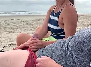 Public Beach Handjob Turns into Milf Anal Creampie Surprise