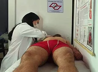nurse and esthetician watch patient's throbbing erection grow