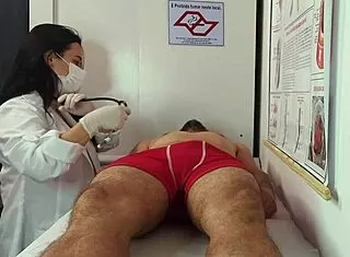 nurse and esthetician watch patient's throbbing erection grow