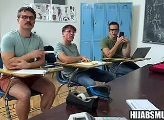 Muslim Teacher's Virgin Pussy Pounded by American Students in Classroom Foursome Frenzy