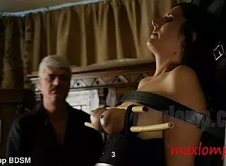 Bullwhip lashes then kisses restrained MILF's huge bound boobs!