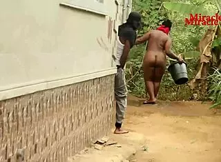 Landlord's daughter bathes outside naked. She bends over for hardcore doggystyle pounding quickie.