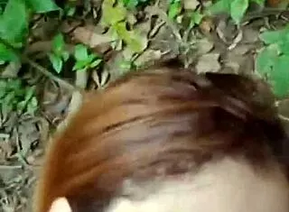 Guide's thick cock sucked hard in forest tits out