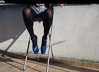 Petite latina milf rocks denim shorts black tights heels