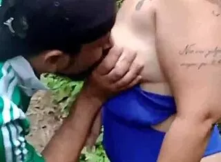 Guide's thick cock sucked hard in forest tits out