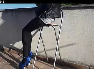 Petite latina milf rocks denim shorts black tights heels