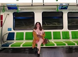 latina slut fingers shaved pussy flashing on dirty train ride