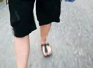 Chubby German Nylon Feet in Birkenstocks Tease Outdoor Fetish Fun!