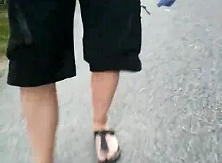 Chubby German Nylon Feet in Birkenstocks Tease Outdoor Fetish Fun!