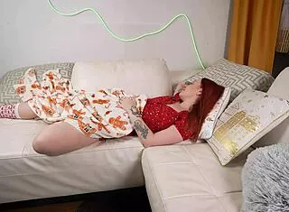 Step Son Santa Tricks Step Mom New Years Couch Creampie Huge Tits