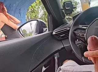 redhead housewife risks street bus flash jerkoff tease